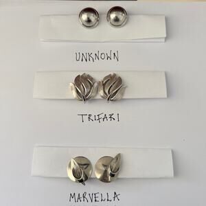 Lot of 3 Vintage Silver Tone Clip-On Earrings Marvella Trifari Unknown 60s 70s